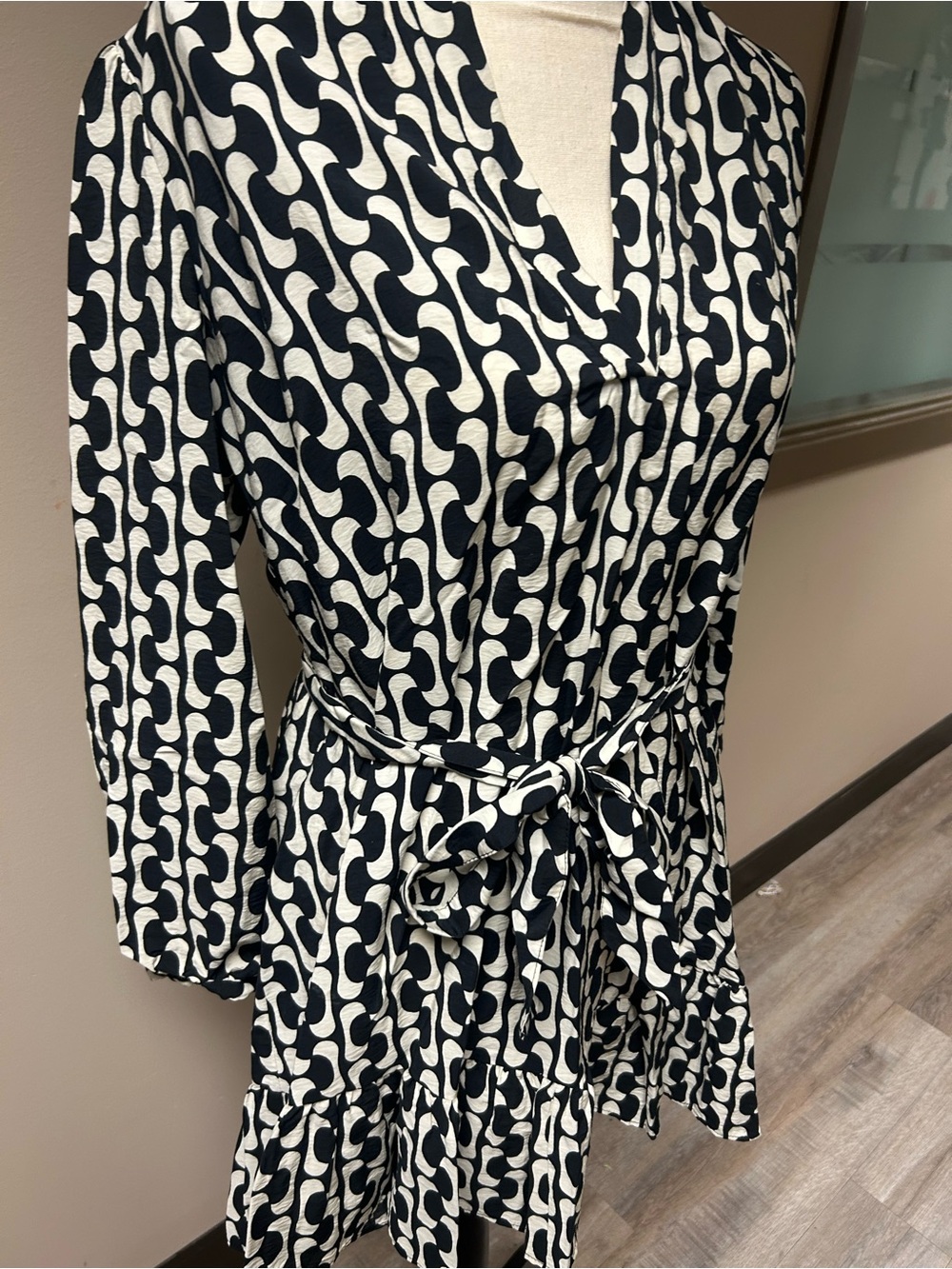 Zara Black and White Long Sleeve Wrap Dress with Waist Tie